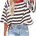 IWOLLENCE Women's Loose Casual Summer Striped Tops Crewneck 1/2 Short Sleeve Color Block Tee Oversized Cropped Shirts (M)