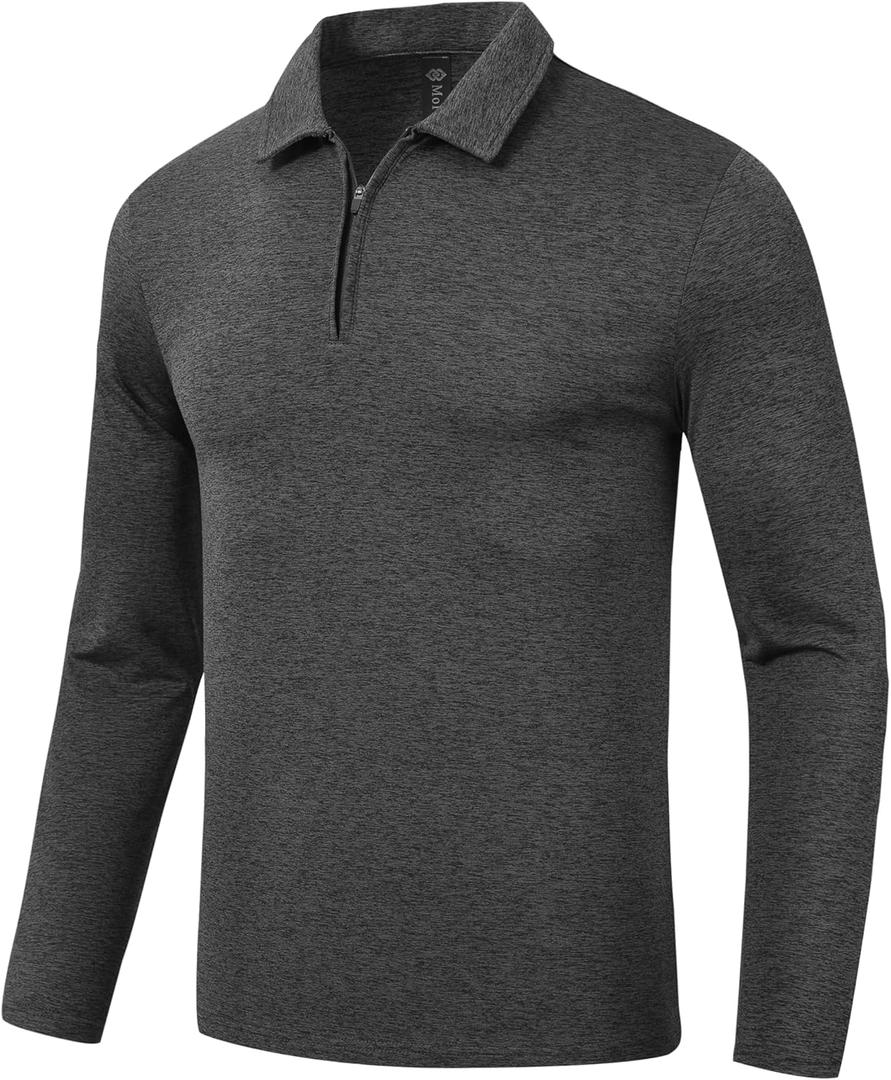MoFiz Lightweight Men's Long Sleeve Polo Shirts Quarter Zipper Pullover Men's Polo Shirts (Large, Grey)