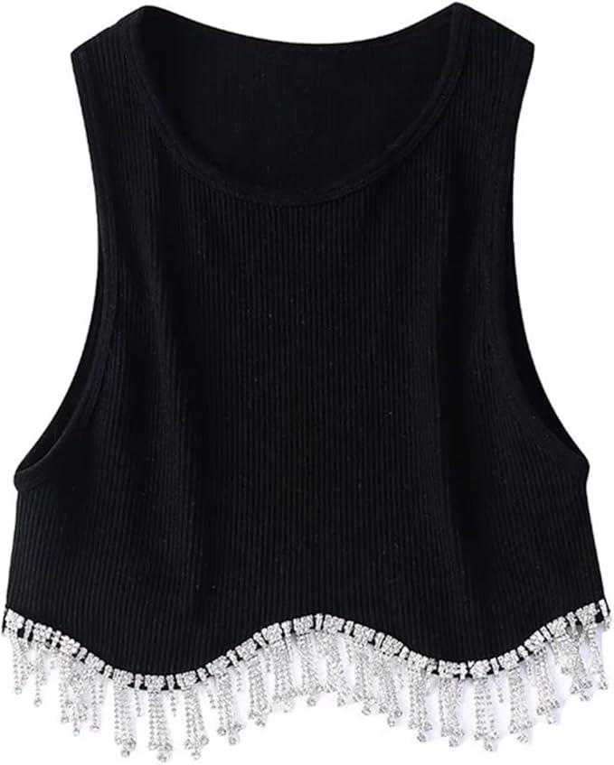 High Street Sexy Hem Tassel Diamond Beading Knitting T Shirt Chic Short Camis Tank Lady Slim Crop Vest Tops, XL
