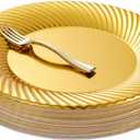 N9R 60pcs Gold Plastic Dessert Plates with Mini Forks, Include 30pcs Disposable Dessert Plates 7 inch, 30pcs Gold Appetizer Forks 3.94 inch, Premium and Comfortable for Wedding Birthday Party