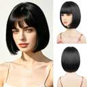 Bob Wig with Flat Bangs Include Wig Cap 12 Inch Black Short Hair Wig Synthetic Fiber Adjustable Size for Women Halloween Costume Party Colorful Wigs
