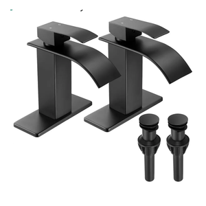 FRANSITON Black Waterfall Bathroom Faucet Lavatory Single Handle 1 or 3 Hole Bathroom Sink Faucet Washbasin Faucet with Deck and Pop-up Drain (Matte Black- Set of 2, Short)