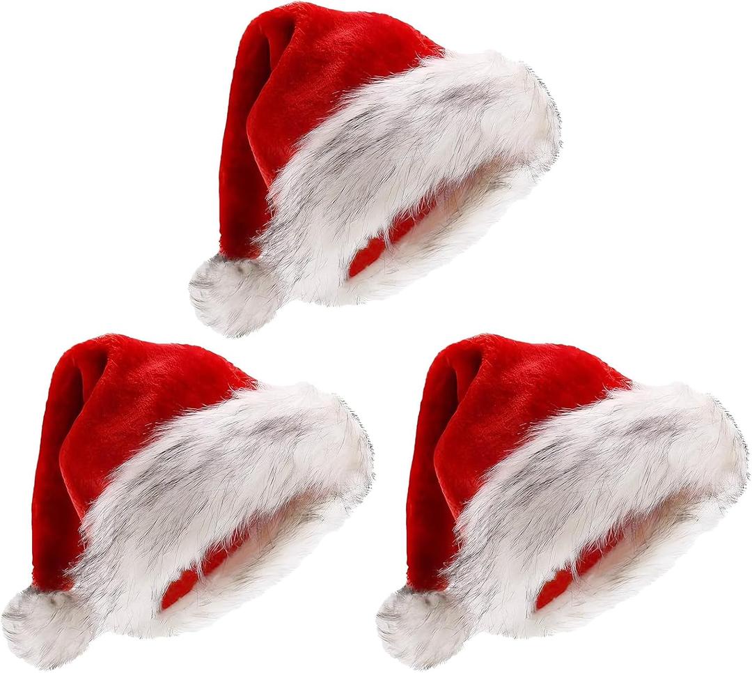 3 Pcs Christmas Santa Hat with Gray Fur Plush Pom Pom Xmas Hats for Adults Red White Christmas Santa Claus Party Supplies