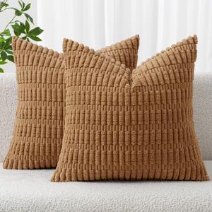 MIULEE Pack of 2 Corduroy Decorative Throw Pillow Covers 20x20 Inch Soft Boho Striped Pillow Covers Modern Farmhouse Home Decor for Sofa Living Room Couch Bed Brown