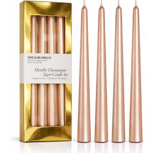 3 x Champagne Taper Candles 10'' with Pearl Shimmer – Set of 4 | Dripless & Smokeless | Fragrance Free | Gold Gift Box | Elegant Table Candles for Home Decorations, Wedding Receptions Events