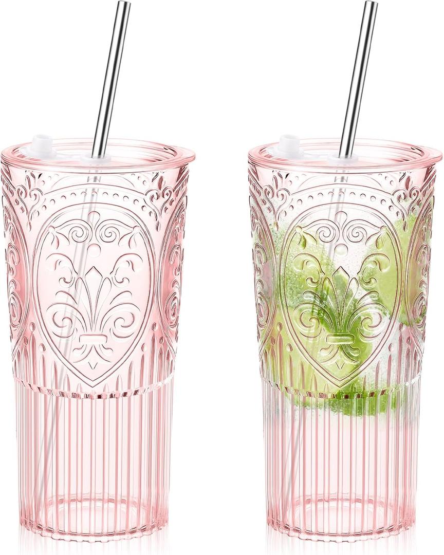 2 Set 20oz Vintage Plastic Tumbler with Lids and Straws Ribbed Floral Drinking Glasses Reusable Iced Coffee Cups for Water Juice Smoothie Cocktail Travel Party Events Gift (Pink)