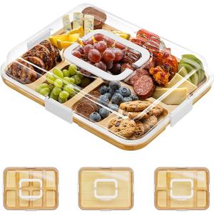 Core Hom Charcuterie Board with Clear Lid, Portable Travel Cheese Cutting Boards for Picnic Accessories, Bamboo Serving Tray with Lids, House Warming Gifts, White Handles, 5 Compartments