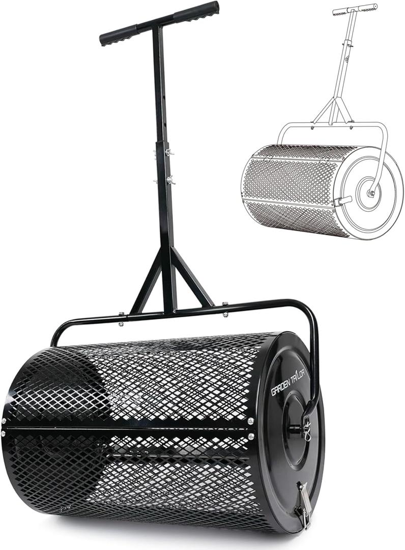 Compost Spreader 30 Inch Peat Moss Spreader with Installation Support Accessories, Metal Mesh Roller Lawn Spreader for Top Soil, Manure, Mulch, Top Dressing - Garden spreaders for lawns