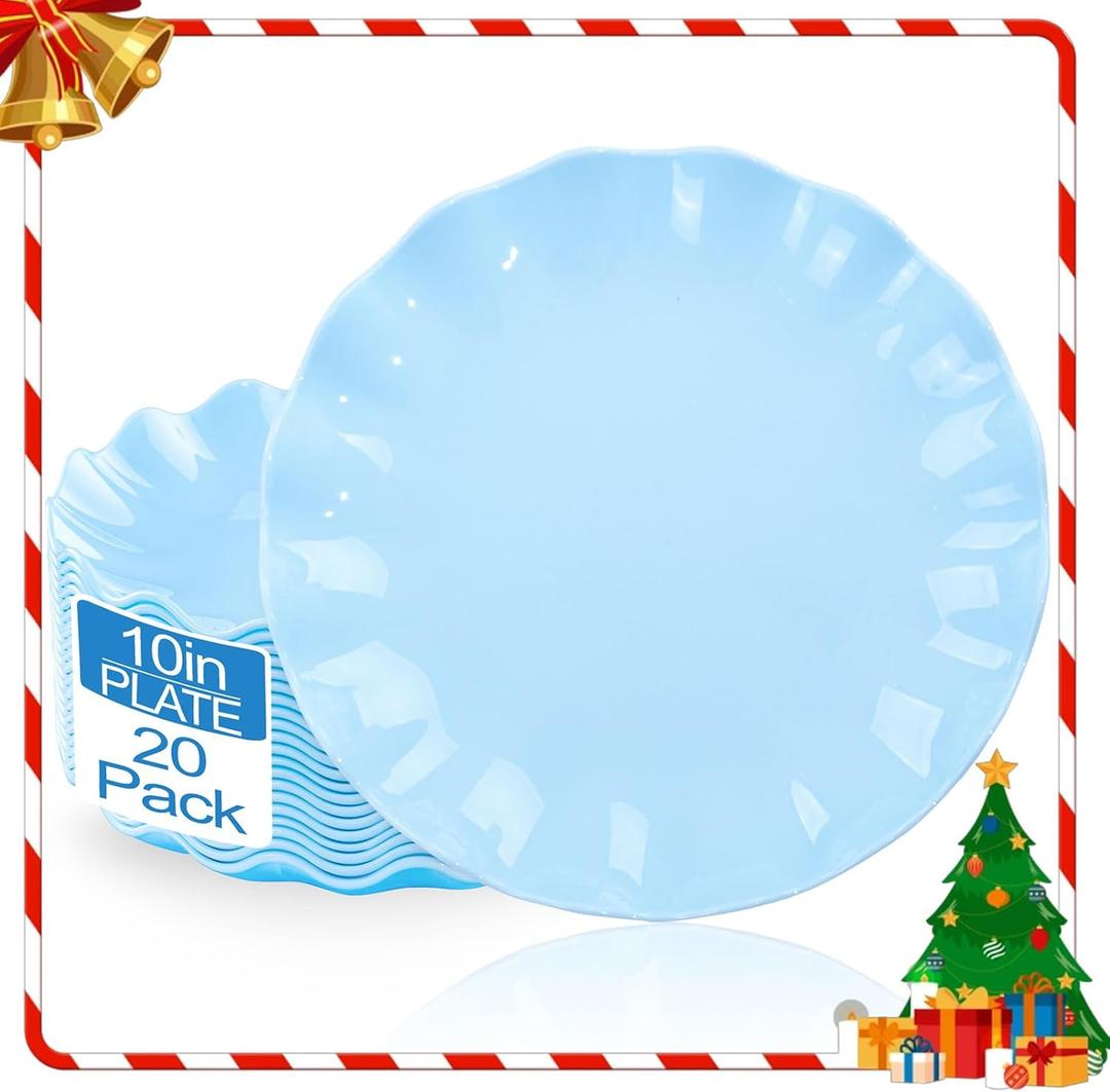 LIYH 20 Pcs 10 Inch Light Blue Plastic Plates Reusable - Unbreakable Scalloped Dinner Plates for Baby Shower Party Outdoor Picnics Dishwasher Safe BPA Free