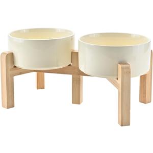 SPUNKYJUNKY Elevated Dog Bowls Ceramic, 6.1'' Dogs and Cat Food Water Bowls Raised with Non-Slip Bamboo Stand for Medium Sized Breed Microwave Dishwasher Safe - 28.7 OZ,Beige