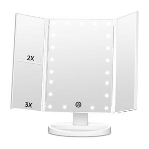 FASCINATE Trifold Vanity Mirror with Lights, Lighted Makeup Mirror 2X/3X Magnification, 21 LED Touch Dimming, Dual Power 180 Rotation Lit Beauty Table Mirror, Make up Mirror with Lighting (White)