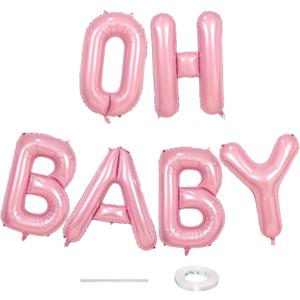 40 Inch Pastel Pink OH BABY Balloon for Baby Shower, Large Light Pink OH BABY Balloon Letters with Ribbon, Pearl Pink Alphabet Balloons Banner Sign for Girl Birthday Party Backdrop Decorations