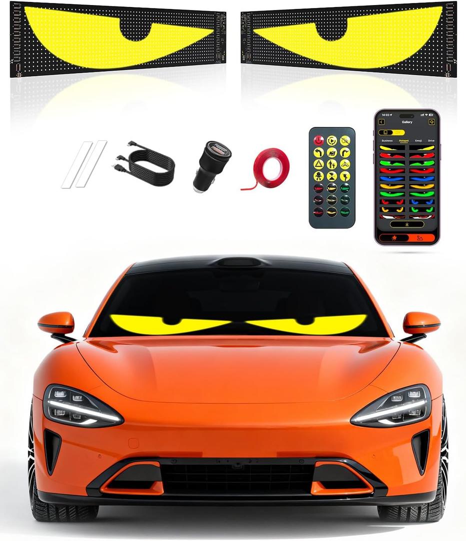 Devil Eyes Light for Windshield: 14.7"x3.6" Programmable LED Signs with APP & Remote Control - 5V USB Digital Lighting Display, LED Eyes for Cars (2 Pcs)