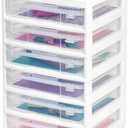 IRIS USA Fits 12" x 12" Paper, 6-Tier Scrapbook Rolling Storage Cart with Organizer for Stationery Vinyl Tools Office Art and Craft Supplies, Yarn, 6 Clear Cases w/ Built in Handle - White/Clear