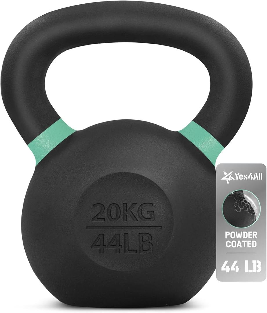 Yes4All Powder Coated Kettlebell, Cast Iron Core Kettlebells with Non-Slip Handle & Flat Bottom for Conditioning, Heavy Duty for Strength Training, 9lb to 71lb - Single & Pair (H - Green - 20 KG / 44 LB)