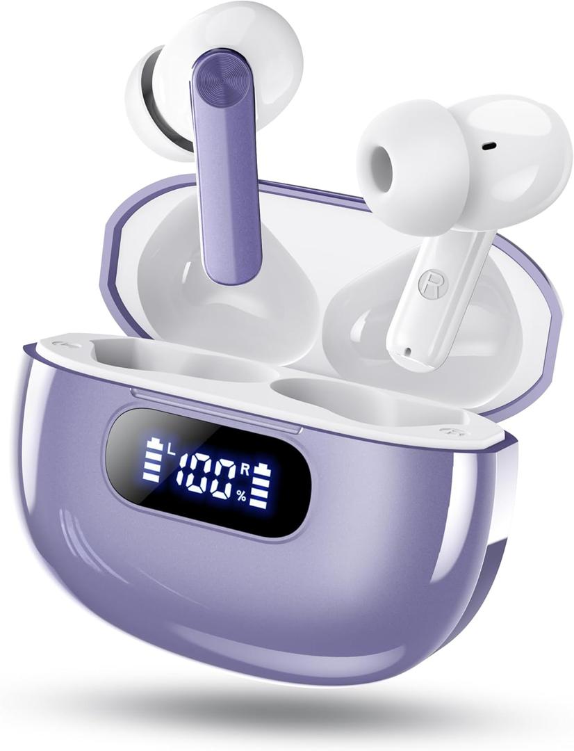 Wireless Earbuds, 2025 New Bluetooth 5.3 Headphones with LED Power Display, HiFi Stereo Deep Bass 48H Playtime 4 ENC Noise Cancelling Mic, in Ear Earphones IP7 Waterproof for Sport Walk (Silent Purple)