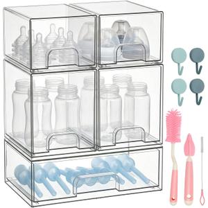 POLRAI 5 Pack Baby Bottles Organizer with Brush and Hooks, Stackable Acrylic Storage Boxes for Baby Bottles, Makeup, Small Items, Clear Storage Containers for Kitchen, Bathroom, Bedroom, Cabinet