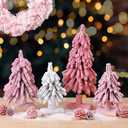 Soulchen 4 Pcs Mini Pink Christmas Tree Snow Tabletop Tree Decor 3 Size Flocked Mini Tabletop Pine Trees with Wooden Base Pastel Pink White Artificial Desk Decor Xmas Winter Holiday Party Decorations