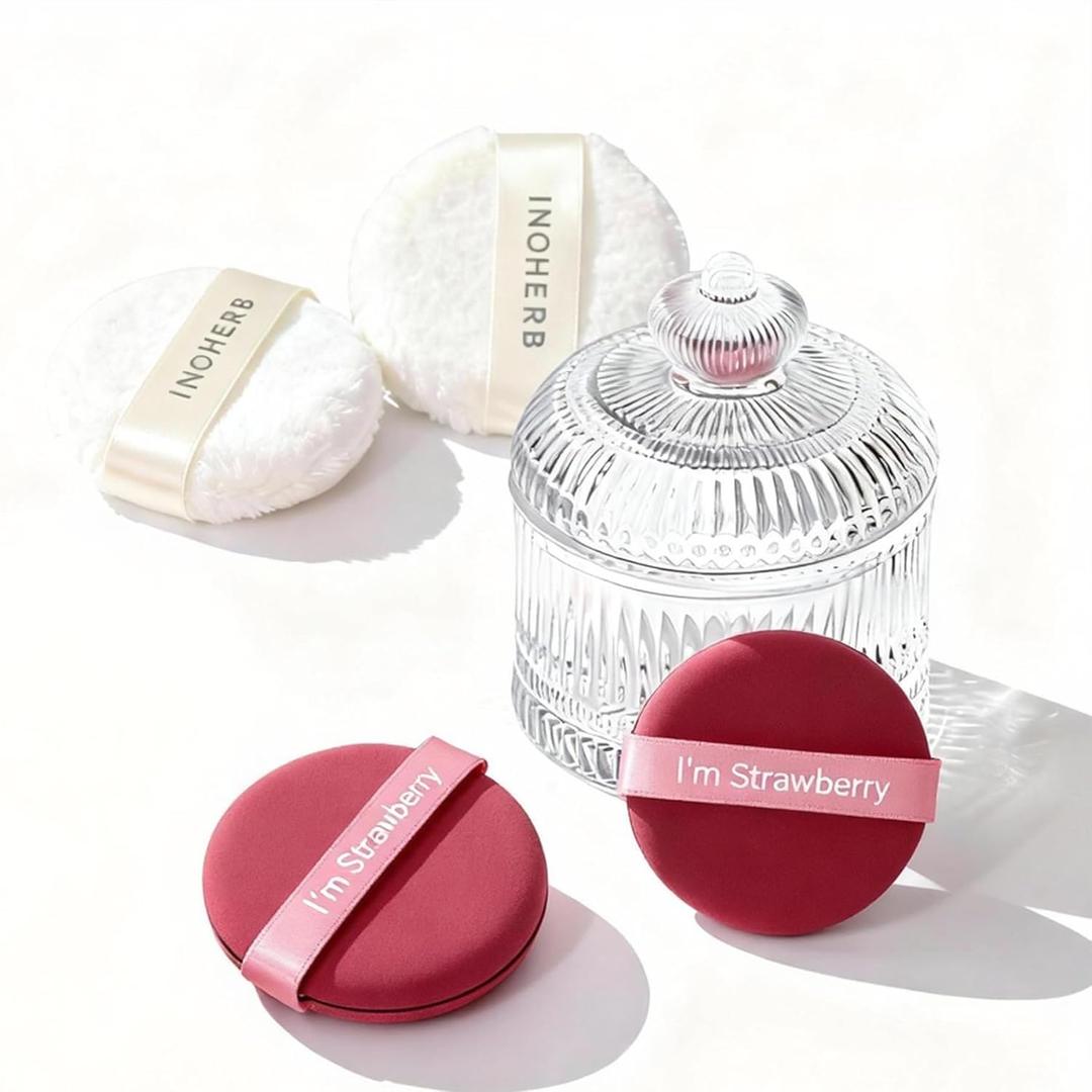 CJJKH 5 Pieces Body & Face Powder Puff with Container Set, 3.6Inch in diameter,Crystal Storage Case, 2 Soft Washable Velour Puffs and 2 Dual-Use Dry/Wet Puffs for Women, Baby, Face & Body Makeup