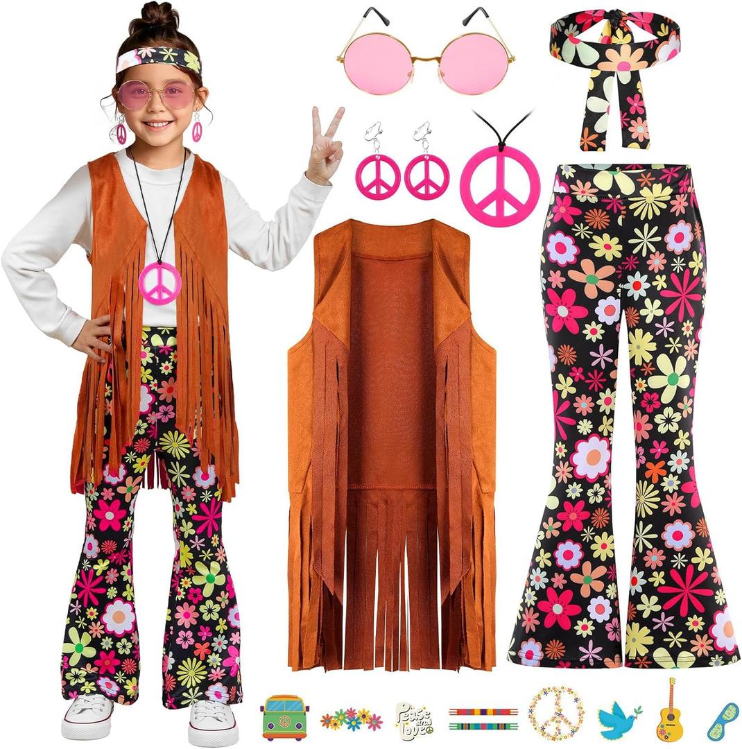 Hippie Costume for Girls 60s 70s Kids Outfits Costume Halloween Party Dress Up (7-8 Years, Brown)