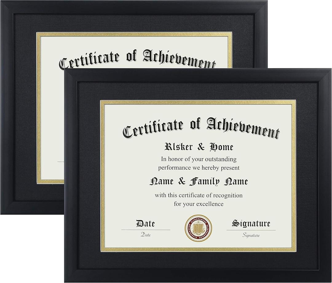 ELSKER&HOME 8.5x11 Certificate Frame - Classic Black Color Frame - Displays Diploma 8.5x11 Inch with Mat - 11x14 Inch Without Mat - For Document/Photo(2 Pack, Matte Black with Gold Rim)
