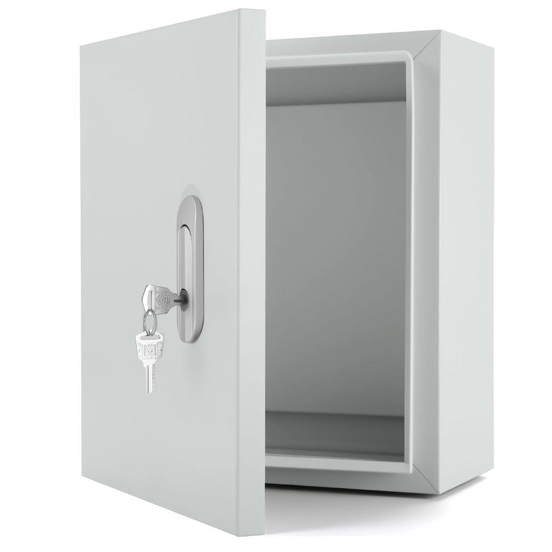 Steel Electrical Enclosure, 16 x 12 x 6'' Outdoor Wall-Mounted Weatherproof Box, Lockable Lid & Integrated Mounting Plate for Industrial/Commercial Electrical Installations