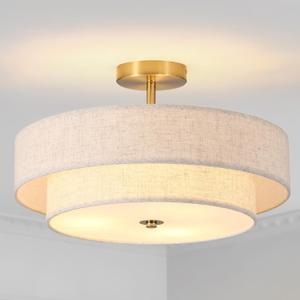 17.71" Semi Flush Mount Ceiling Light Fixture ,3-Light Gold Light Fixtures ,Modern Close to Ceiling Light with 2-Layer Fabric Linen Shade,Farmhouse Drum Ceiling Light for Bedroom,Hallway,Living Room