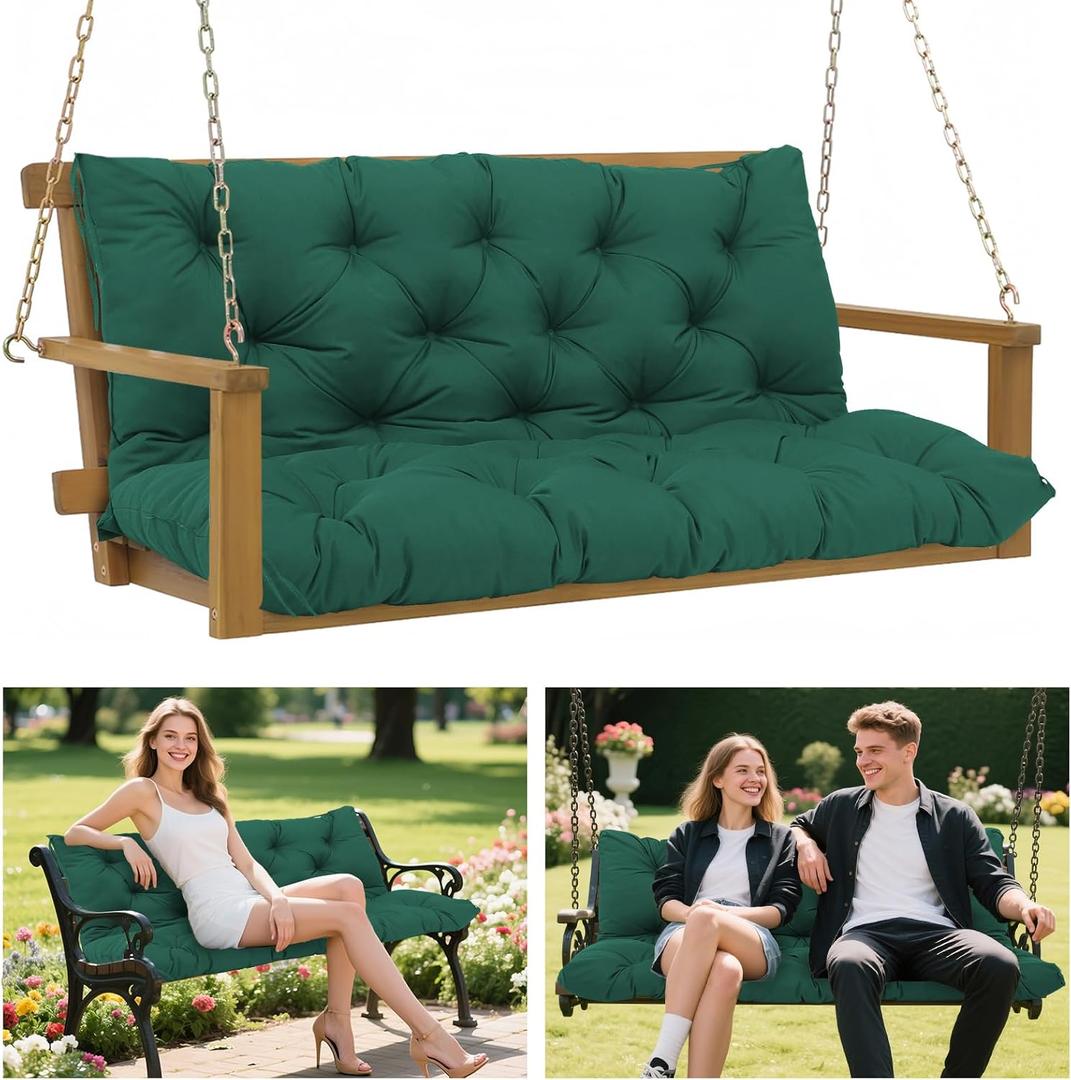 Porch Swing Cushions 60x40 Inch, 5" Extra Thick Waterproof Outdoor Swing Seat Cushion with Backrest & 8 Non-Slip Ties PP Cotton + Memory Foam Fill, Fade-Resistant 3-Seater Replacement for Patio Bench, 60x40x5inch