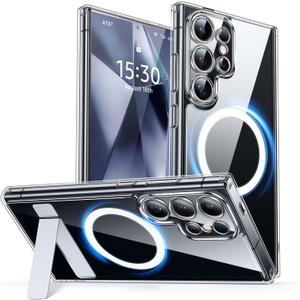 CANSHN Strong Magnetic & Seamless Stand Designed for Samsung Galaxy S24 Ultra Case Clear [Full Camera Protection] [Adjustable Kickstand] [Compatible with MagSafe] Protective Phone Cover - Clear