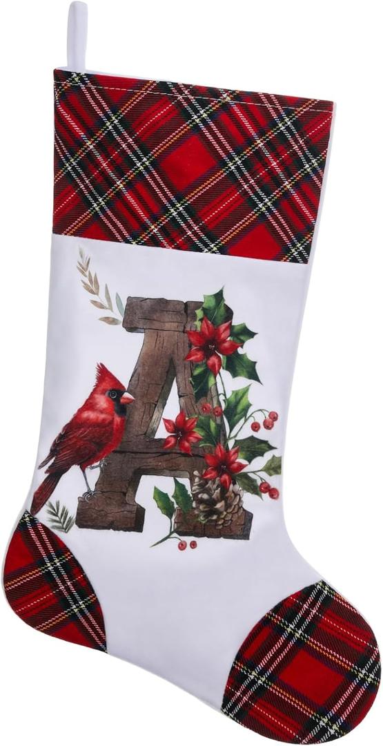 20 Inch Personalized Christmas Stockings,Cardinal Design, Initial Monogram Stockings for Fireplace Hanging Decor, Family, Letter A