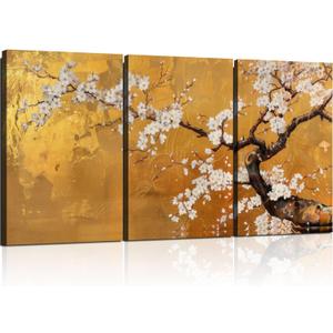 3 Pcs Framed Japanese Golden Plum Blossom Flower Wall Art Decor Canvas Print Picture Traditional Woodblock Print Style Farmhouse Poster Gallery Bedroom Living Room Office 16x24 Inch Ready to Hang