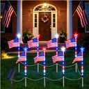 4th of July Decorations Outdoor American Flag Lights, 8-Pack Solar Powered Pathway Lights with USA Flags and LED Stars, Red White and Blue Patriotic Yard Decor
