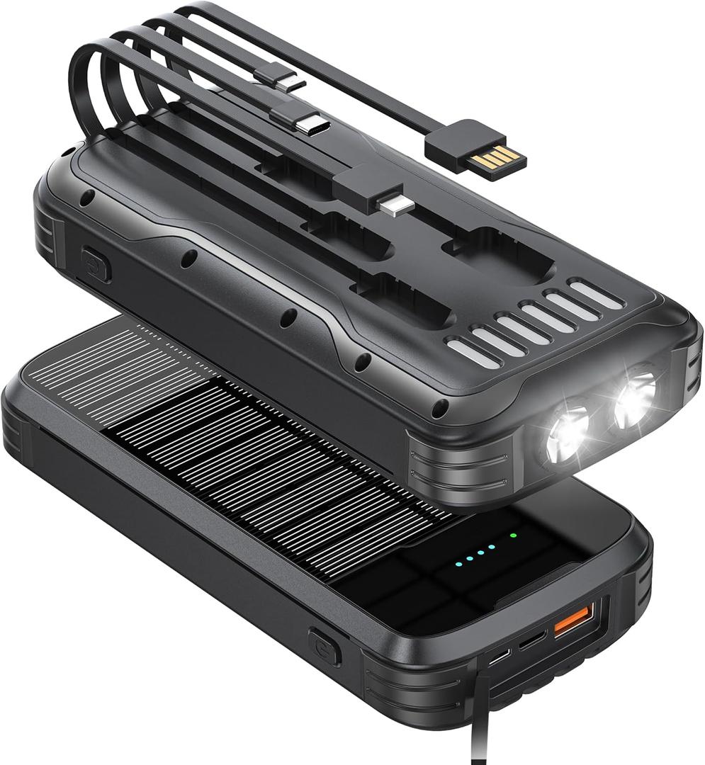 Solar-Power-Bank-Charger, 40000mAh Portable Phone Charger Built in 4 Cables with USB C in/Output, PD 20W Fast Charging Portable Charger, External Battery Pack with Dual Bright Flashlights
