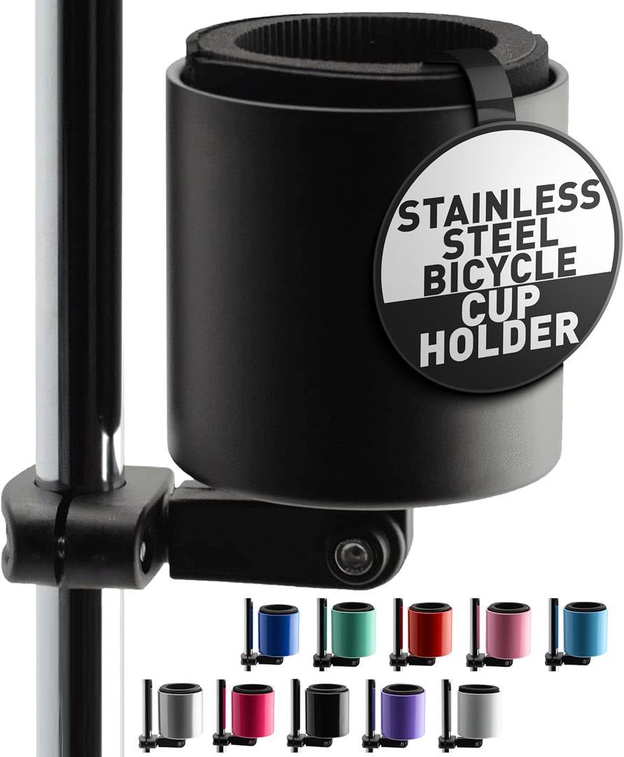 Kroozie Deluxe Bike Bottle Holder – Universal, Stainless Steel Bike Cup Holder for Handlebars – For Vertical or Angled Bars & Drinks up to 48 Oz. – Stroller, Cruiser, & Ebike Accessories, Black