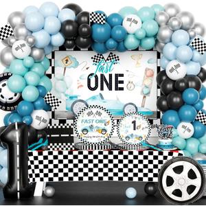 Fast One Birthday Decorations for Boys, 1st Birthday Decorations Boy, Retro Race Car Themed Backdrop Banner Tablecloth Tableware with Plates Napkins Forks for Vintage Blue First Party Supplies