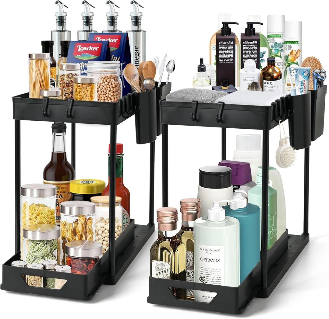 2-Pack Under Sink Organizer 2-Tier Sliding Storage Rack for Bathroom & Kitchen, Pull-Out Under Cabinet Organizer for Bathroom Organizers and Storage (Black)