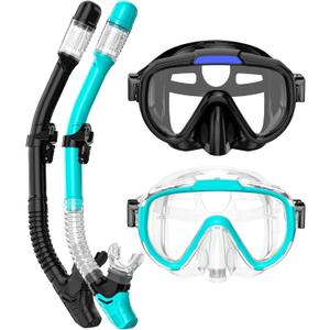 Snorkel Set Adults Snorkeling Gear Anti-Fog Panoramic View Swim Mask Dry Top Snorkel Kit with Carry Bag for Snorkeling Scuba Diving Swimming Travel (Z-Black/ Green Transparent)