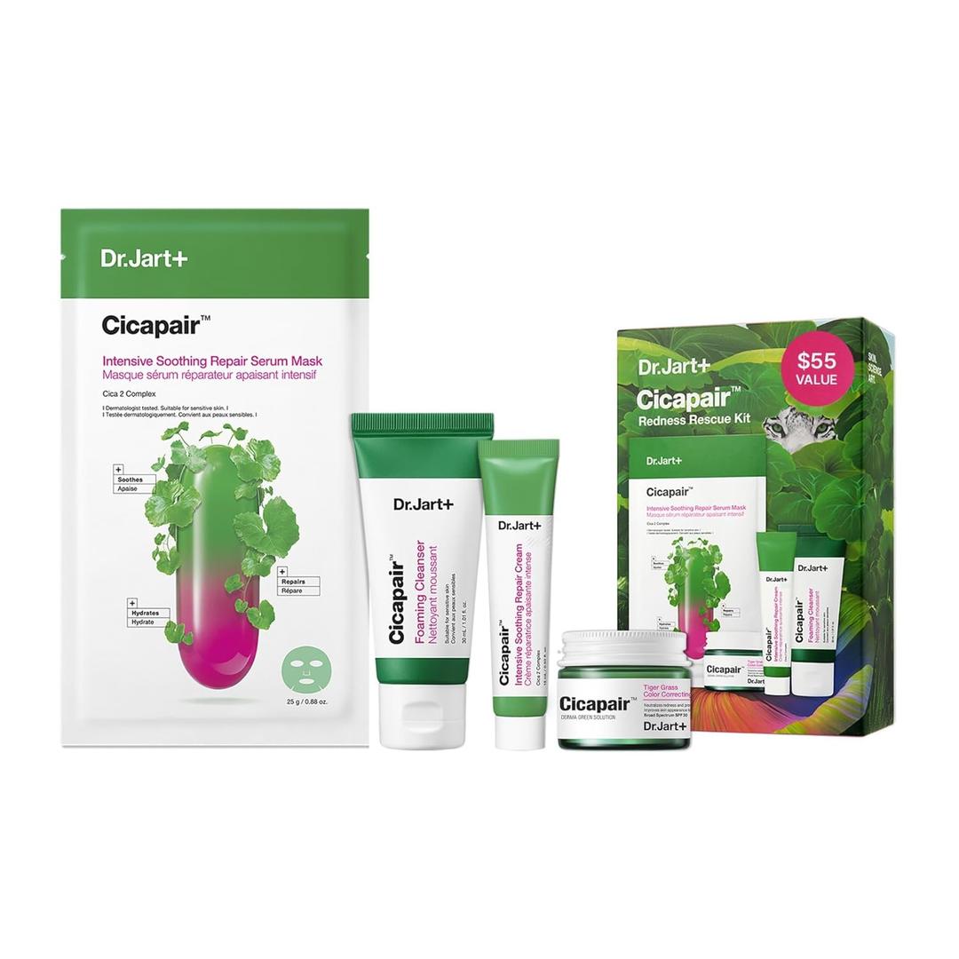 Dr.Jart+ Cicapair Redness Rescue Korean Skin Care Set, Travel Size Value Gift Set with Cicapair Color Correcting Cream, Face Wash, Cream Moisturizer, and Face Mask