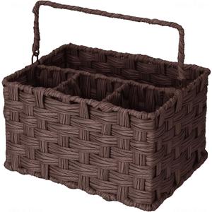 NiHome Wicker Flatware Basket with Four Compartments, Handwoven Imitation Rattan Utensil Organizer with Durable Metal Wire Frame, Portable Handle for Kitchen, Dining, Outdoor Events, Office (Brown)