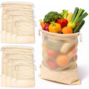 LEAFICO Reusable Produce Bags 100% Cotton Mesh & Solid Hybrid (Mixed Sizes 8 Pcs S/M/L/XL) Multi-Use Grocery & Storage Bags for Fruit, Vegetables, Toys, Clothes, Travel Washable, Zero Waste