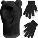 Kids Winter Balaclava Windproof Hats Gloves Set 3-in-1 Fleece Lined Hooded Scarf & Face Mask for Ages 2-8