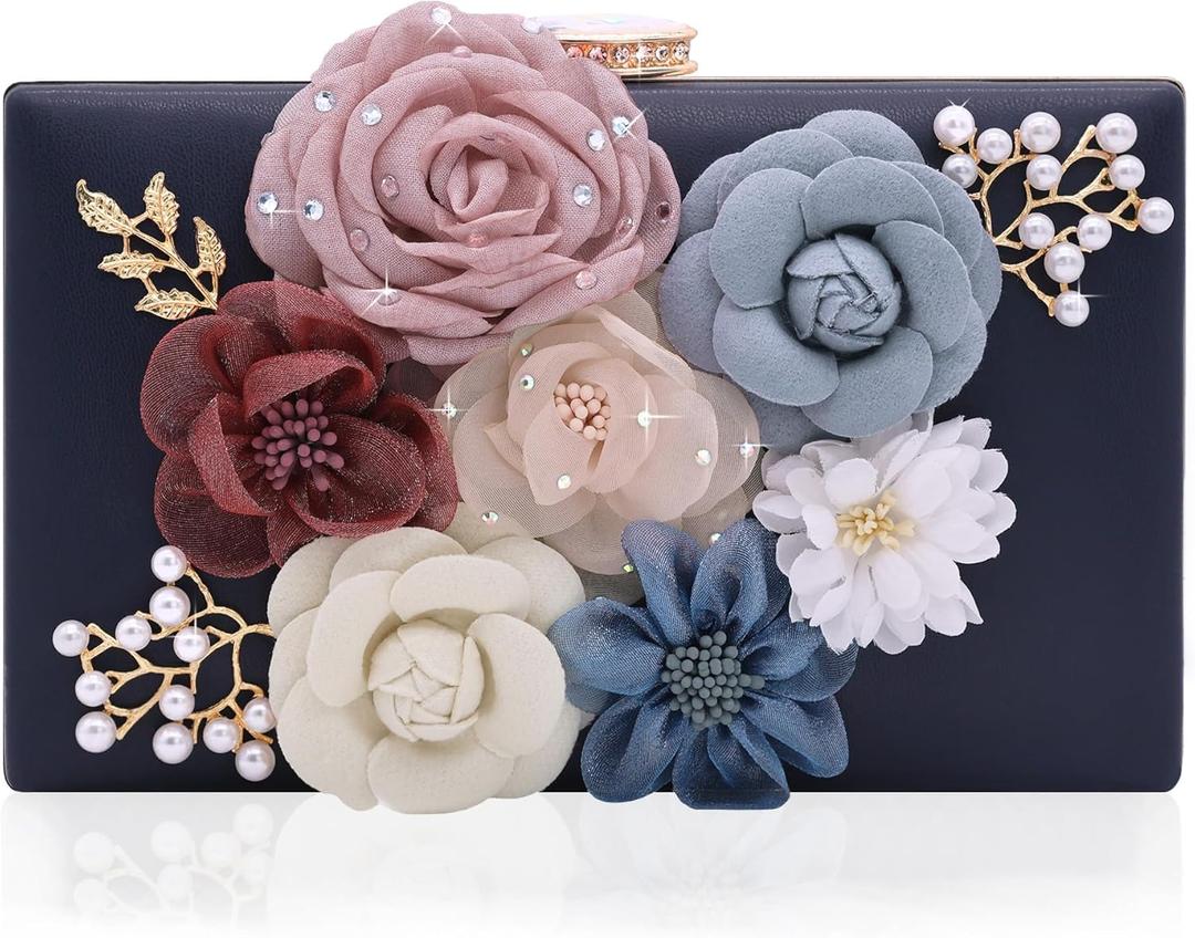 Evening Bag for Women, Flower Wedding Evening Clutch Purse Bride Floral Clutch Bag (719-1 Blue)