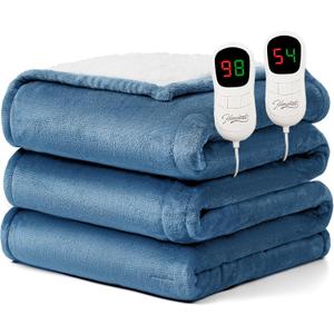 Homemate Electric Heated Blanket King - 100"x90" Heating Blanket King Size Dual Control 1/2/4/6/8 Hours Auto-Off 10 Heat Level Heat Blanket Over-Heat Protection Flannel Sherpa ETL Certification (Light Blue)