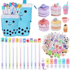 Sabary 228 Pcs Kawaii Stationary Set Include Telescopic Pencil Pouch Case Bag Gel Ink Pen Sticky Note Bubble Tea Sticker Pill Highlighter Stationary Cute Supplies for Christmas(Classic)