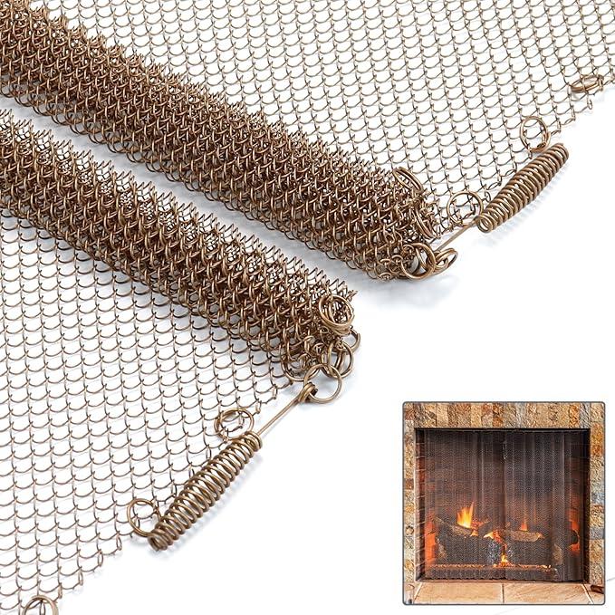Flamorrow Fireplace Mesh Screen Curtain, Fireplace Hanging Mesh Curtain Screens to Prevent Sparks, Two 22" x 24" Panels, Antique Brass