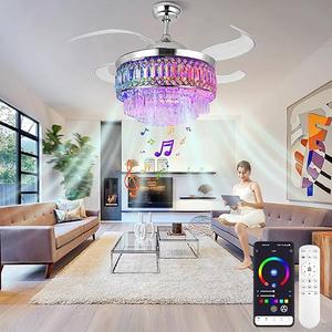 Retractable Crystal Ceiling Fan with Lights, Bluetooth Ceiling Fan with Speaker, 6-Speed Reversible Blades, RGB-LED Light, Remote & APP Control Crystal Chandelier for Bedroom Living Room 42" Color: Chrome