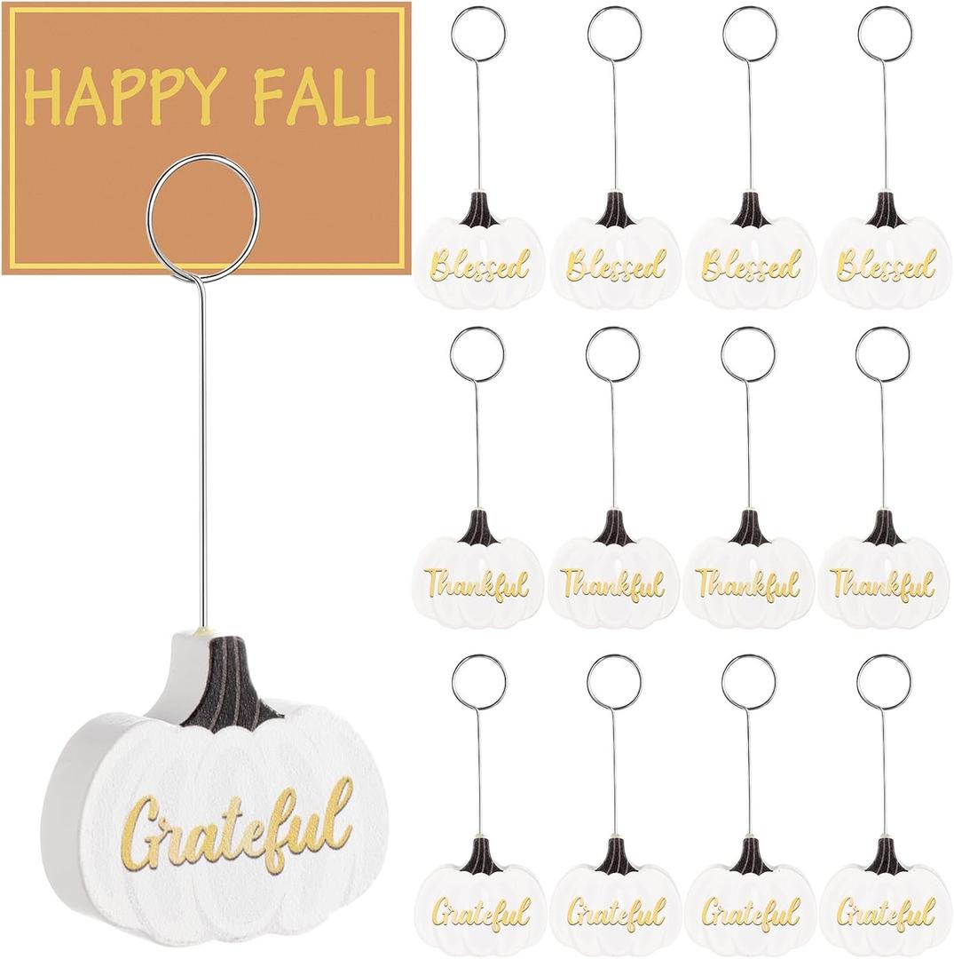 12 Pcs Thanksgiving Pumpkin Table Number Holders Wooden Photo Balloon Place Card Holder Harvest Mini Pumpkin Name Card Photo Picture Stand Holder for Fall Thanksgiving Decor(White,Word)