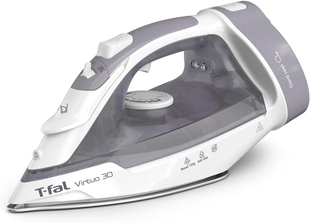 T-Fal Virtuo Steam Iron for Clothes with Retractable Cord, Portable Iron and Steamer for Clothes, Ceramic Nonstick Soleplate, 1500 Watts, Anti-Drip, Auto-Off, Scratch Resistant, Grey