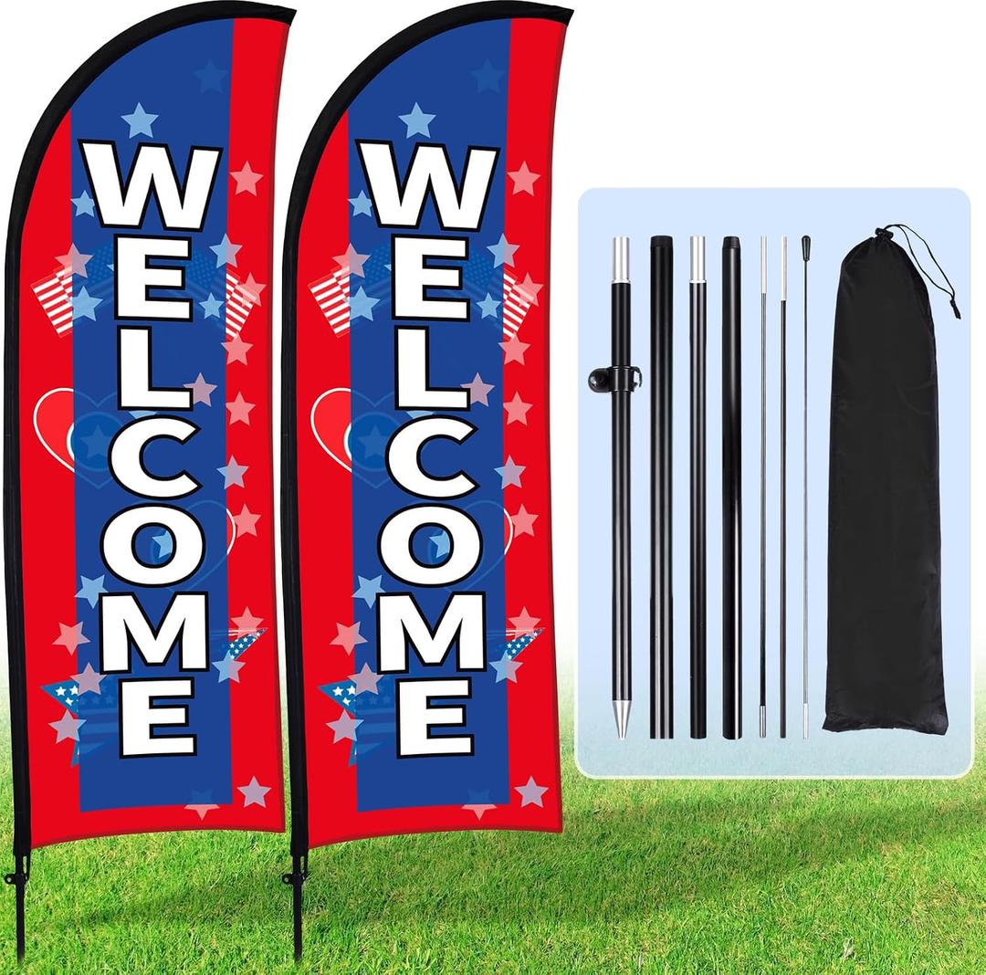 Buryeah 2 Sets Welcome Feather Flag Sign Kit 8 ft Welcome Banners Swooper Flag with Fiberglass Poles and Point Stake for Outdoor Business and Events Promotion(American Style,Red, Blue)
