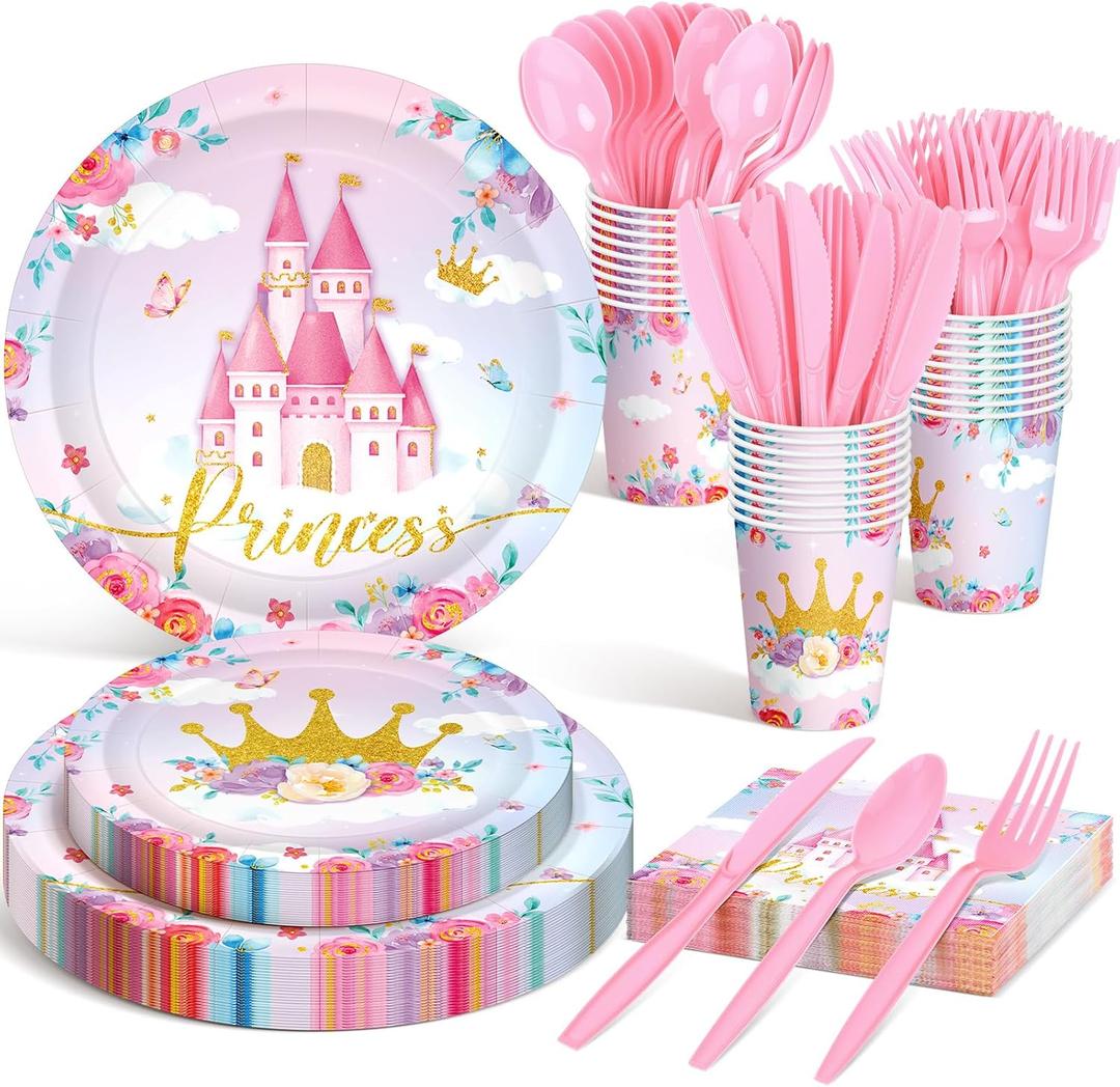 Meanplan 168 Pcs Princess Party Decorations Princess Plates and Napkins Castle Disposable Tableware Set for Girls Baby Shower Princessed Castle Birthday Party Supplies Serves 24 Guest